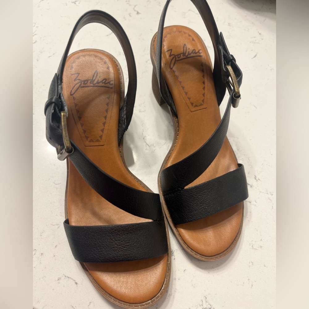 Zodiac black leather open toed shoes. Only worn a few times